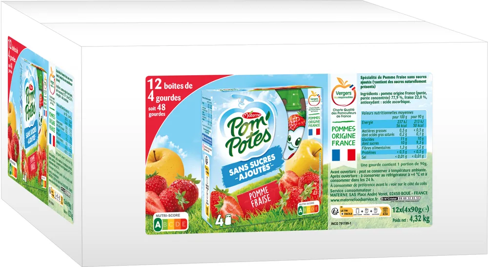 POM'POTES Compote Gourdes Sans Sucres Ajoutés Pomme Fraise 12x(4x90g)