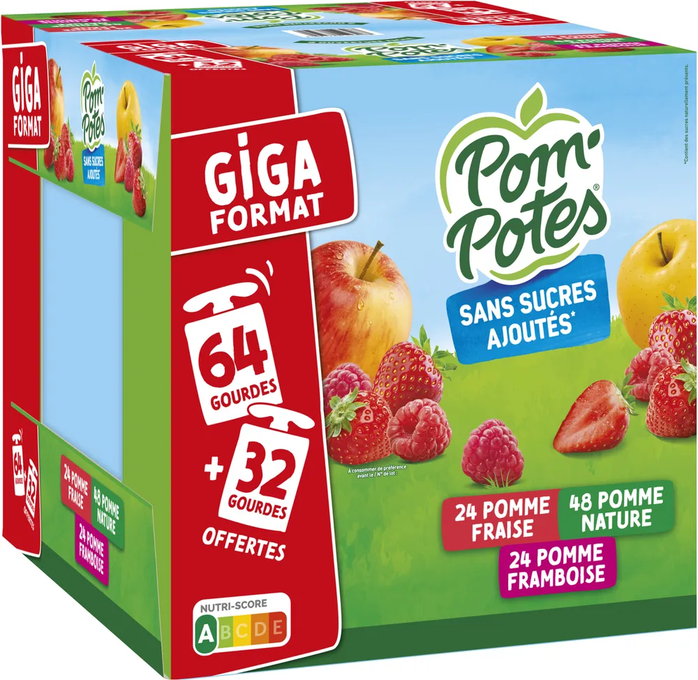 POM'POTES Compotes Pomme, P. Frs, P. Framb 96x90g 64+32 Offertes