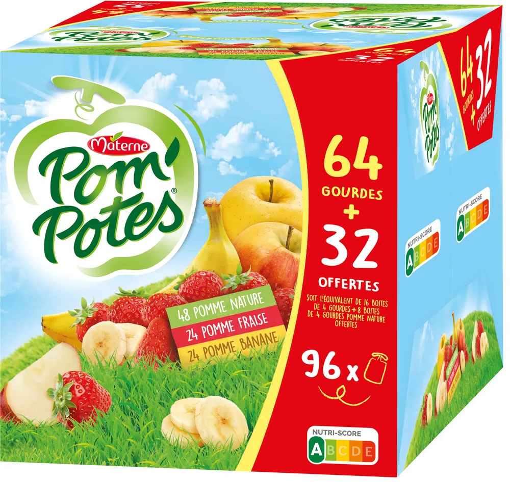 POM'POTES Compotes Pomme, P. Ban, P. Frais 96x90g 64+32 Offertes