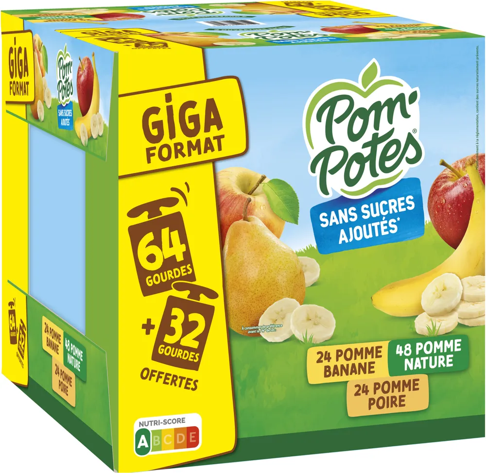 POM'POTES Compotes Pomme, P. Poire, P. Bana 96x90g 64+32 Offertes