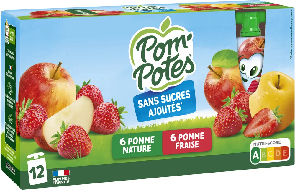 POM'POTES Compotes Gourdes Pomme, Pomme Fraise 12x90g