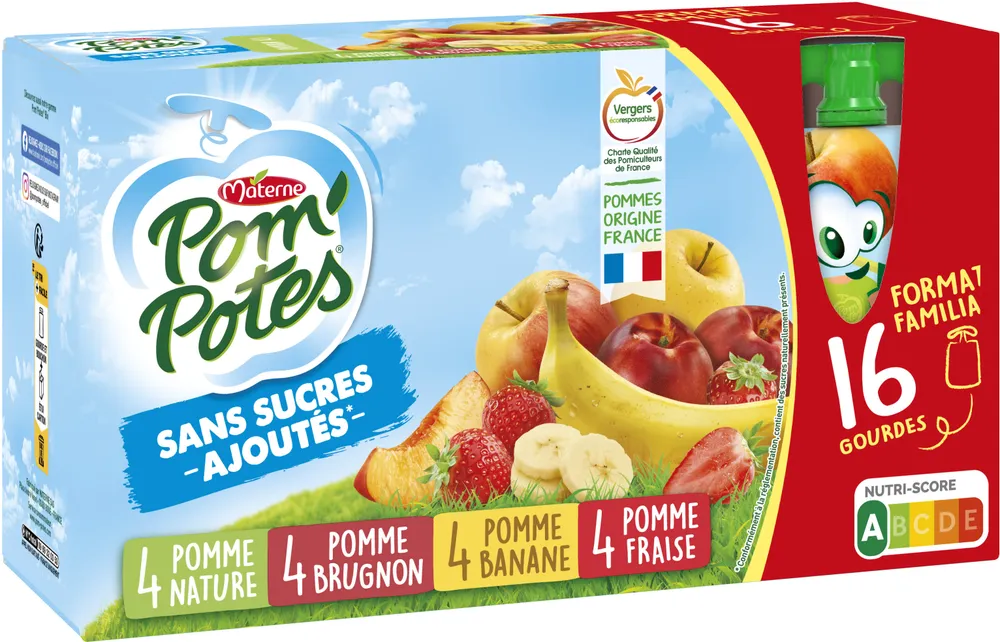 POM'POTES Compotes Pomme, P.Frs, P.Brug, P.Ban 16x90g Format Familial