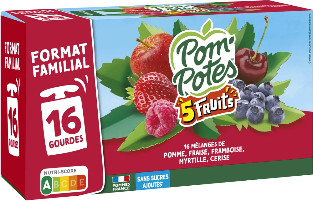 POM'POTES Compotes Gourdes 5 Fruits Rouges 16x90g Format Familial