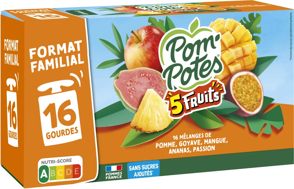 POM'POTES Compotes Gourdes 5 Fruits Exotiques 16x90g Format Familial