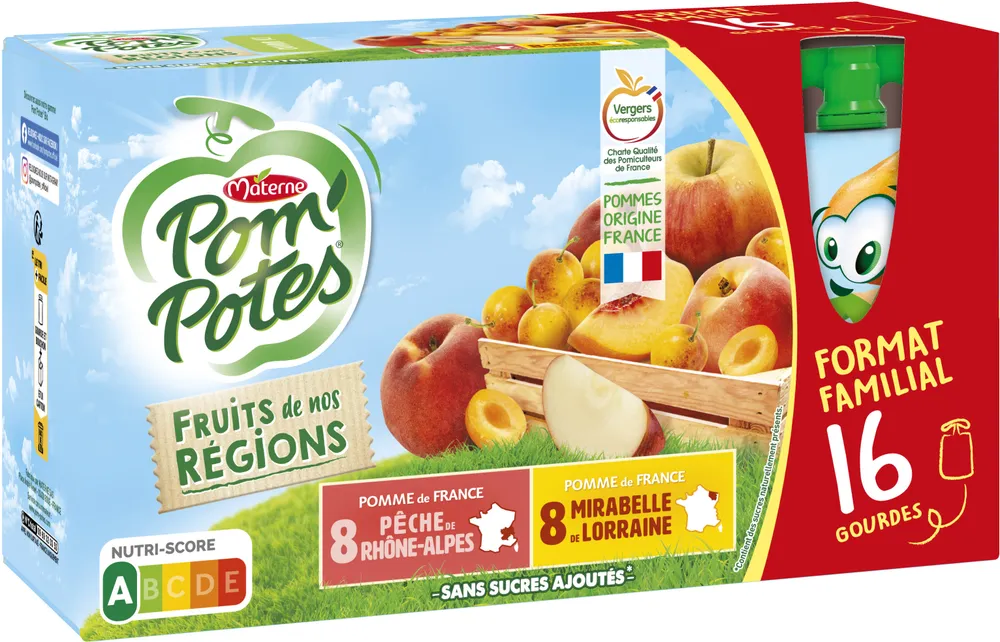 POM'POTES Compotes Gourdes P. Pêche, P. Mirabelle de Lorraine 16x90g Format Familial