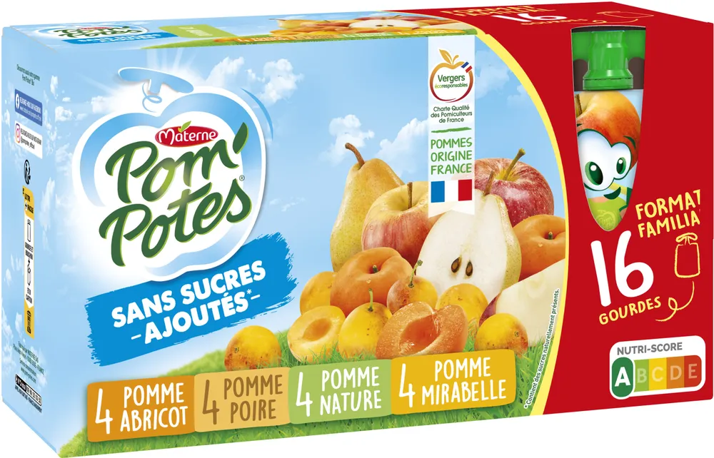 POM'POTES Compotes Pomme, P.Ab, P.Poir, P.Mir 16x90g Format Familial