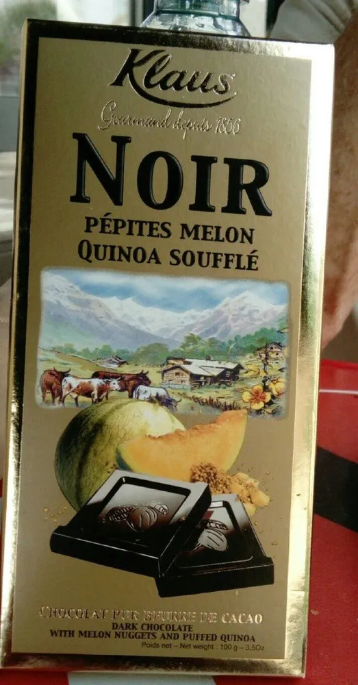 Chocolat noir aux pépites au melon et au quinoa soufflé