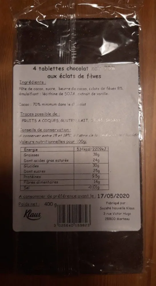 Chocolat noir 70% aux éclats de fèves