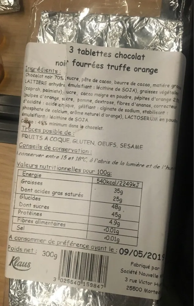 Chocolat noir fourrées truffe orange