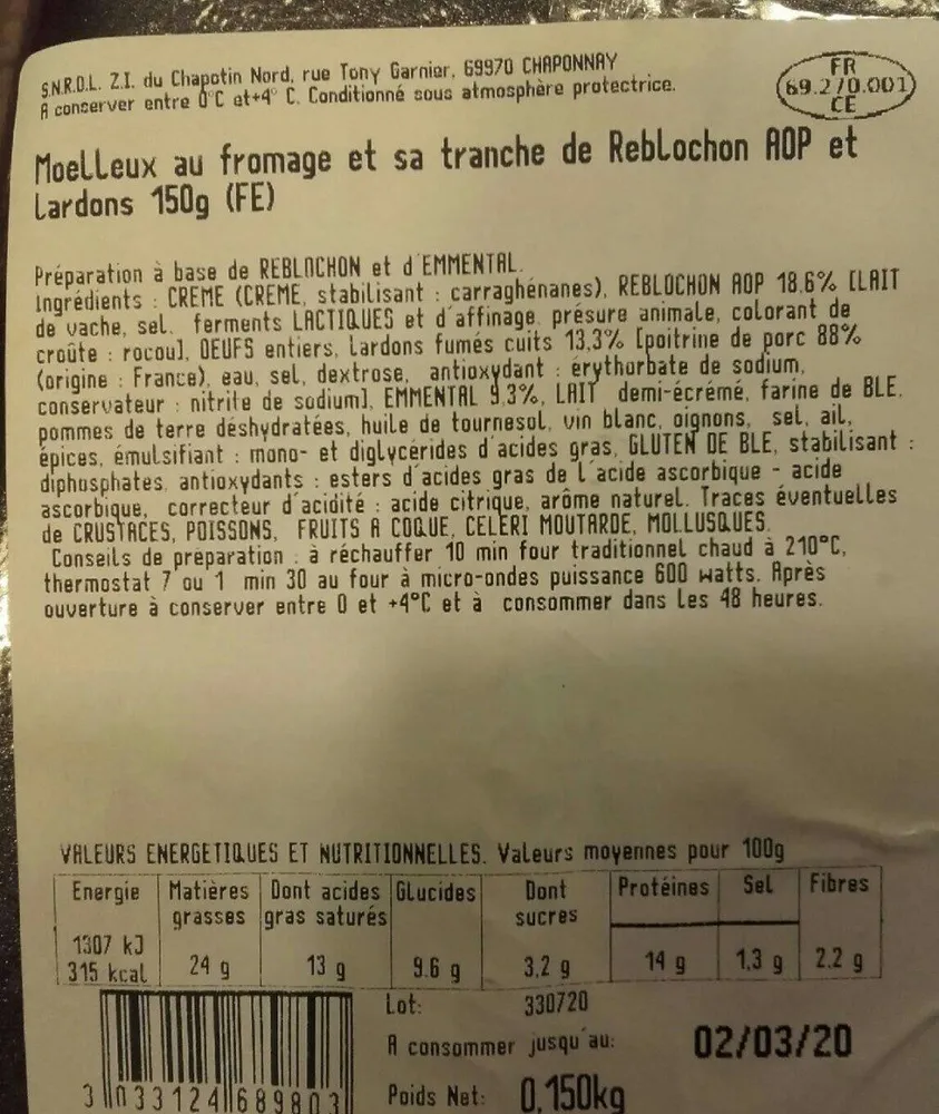 Moelleux reblochon lardons