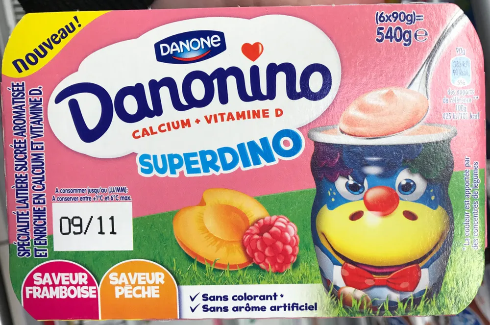 Danonino Superdino Saveur Framboise / Pêche