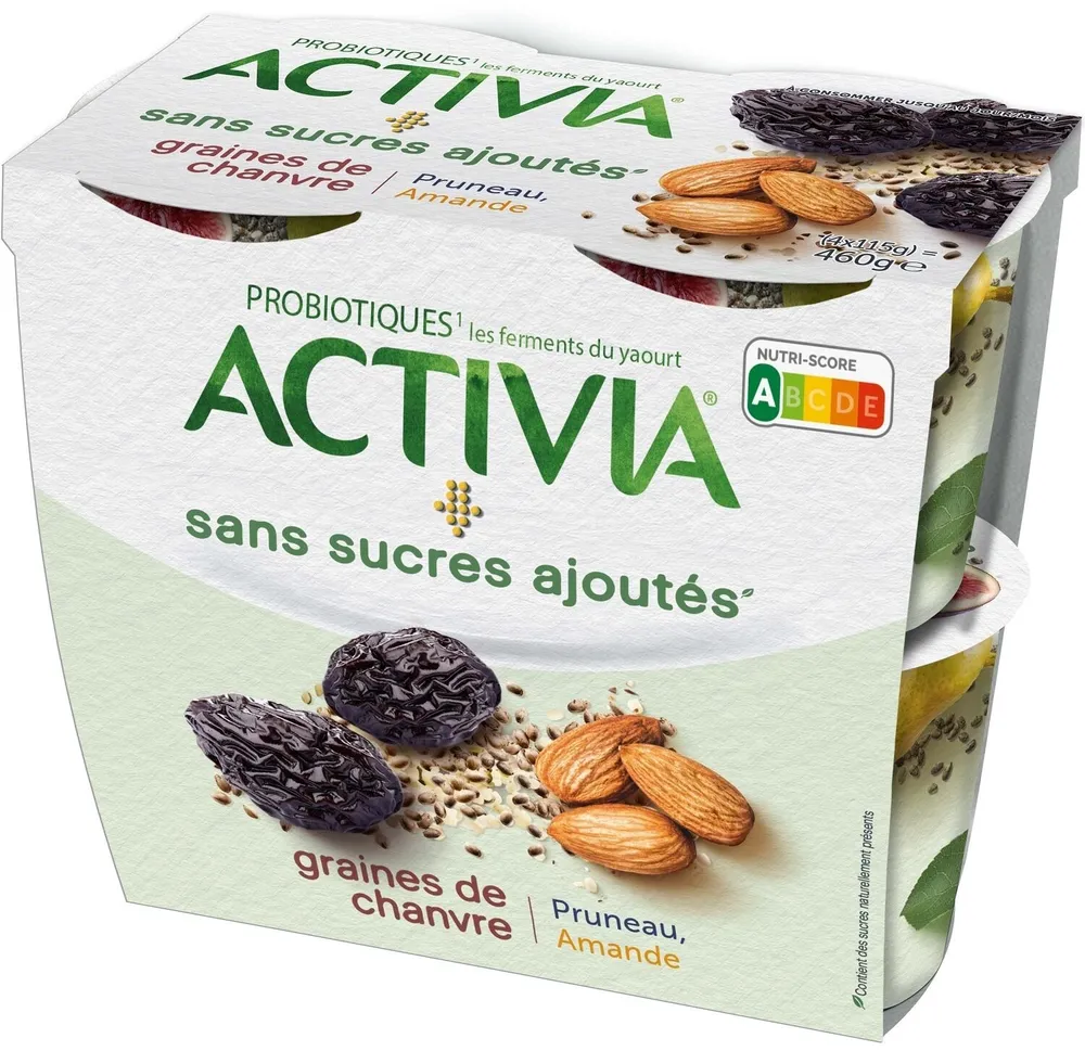 Activia sans sucre ajoute pruneau amande chanvre 115 g x 4