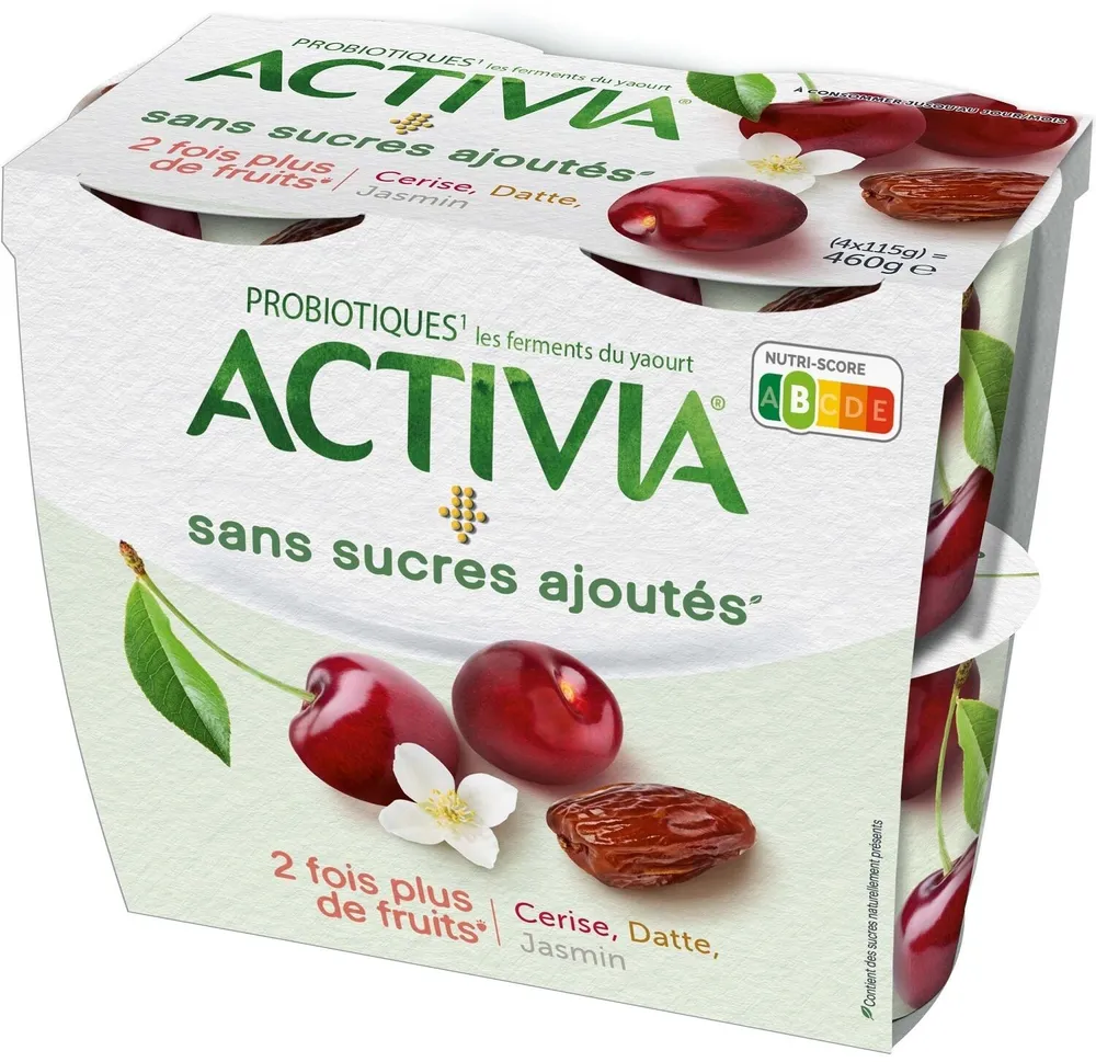 Activia sans sucre ajoute cerise datte jasmin 115 g x 4