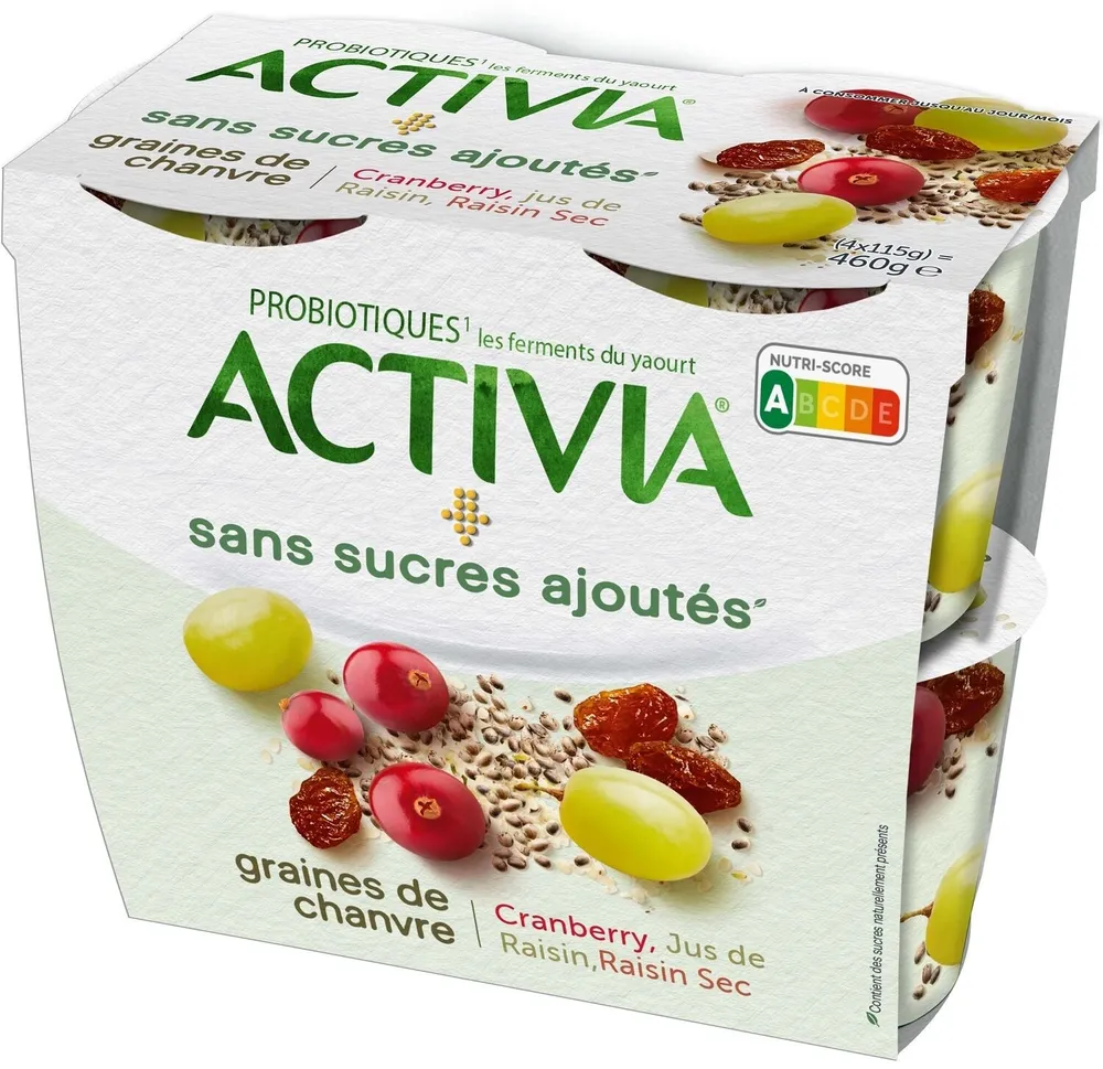 Activia sans sucre ajoute raisin cranberry chanvre 115 g x 4