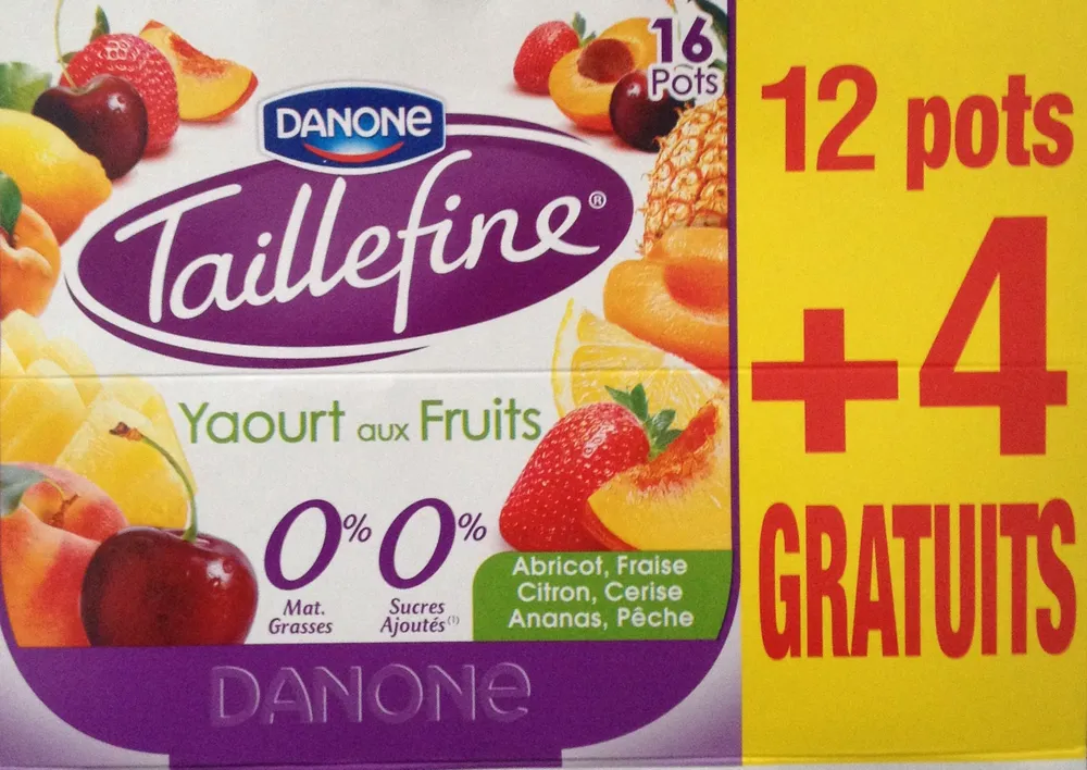 Taillefine, Yaourt au Fruits (0 % MG, 0 % Sucres Ajoutés) - (Abricot, Fraise, Citron, Cerise, Ananas, Pêche) 12 Pots   4 Gratuits