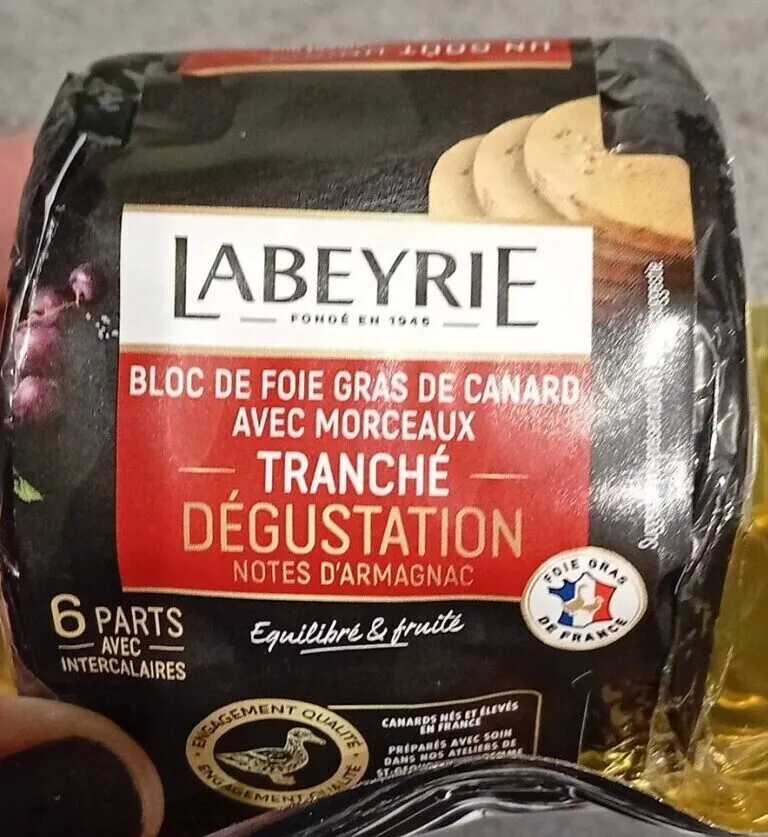 Bloc de foie gras de canard avec morceaux Tranché Dégustation notes d'Armagnac