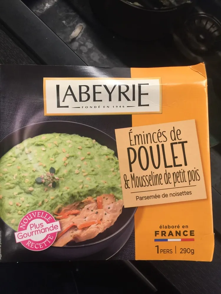 émincés de poulet et mousseline de petit pois