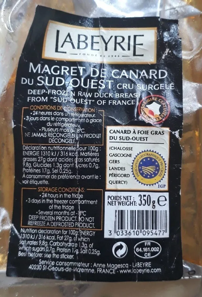 Magret de canard du sud-ouest cru surgelé
