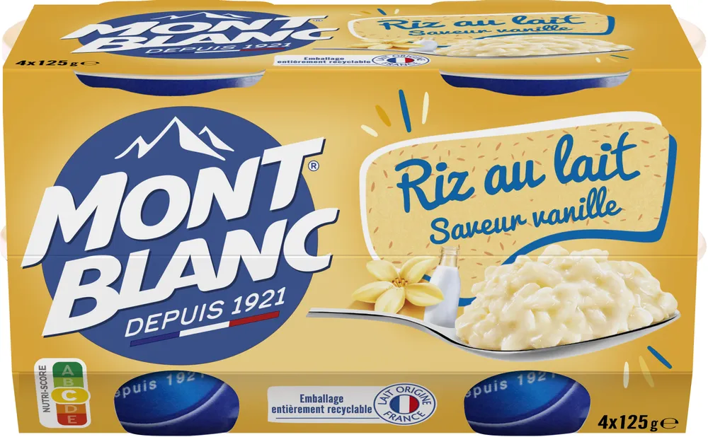 MONT BLANC Crème dessert Coupelles Riz au lait Vanille 4x125g