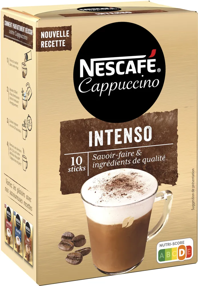 NESCAFE Cappuccino Intenso, Café soluble, Boîte de 10 sticks (12,5g chacun)
