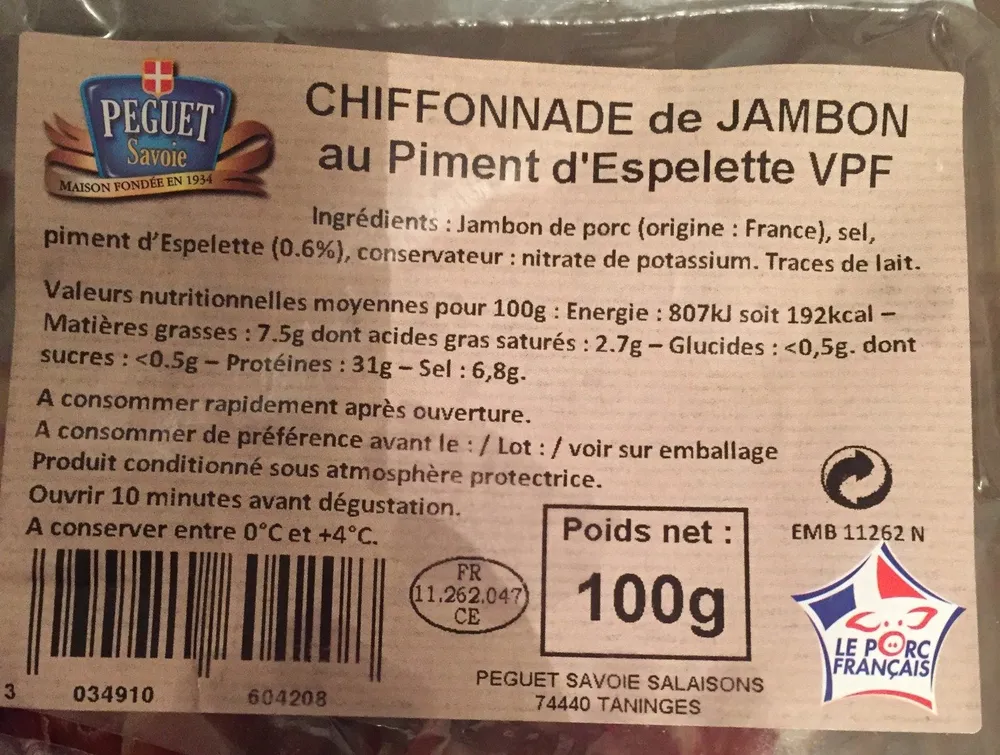 Chiffonade de jambon au piment d'espelette