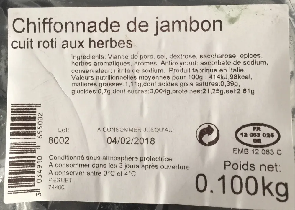 Jambon Tranché  (Régulier, Environ 11% de Matières Grasses )