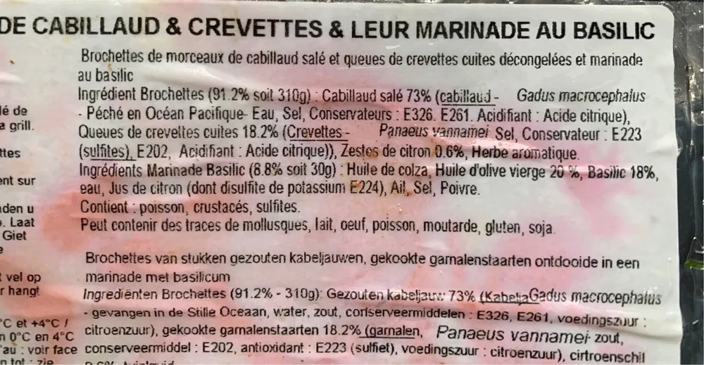 Brochettes cabillaud et queues crevettes marinade basilic