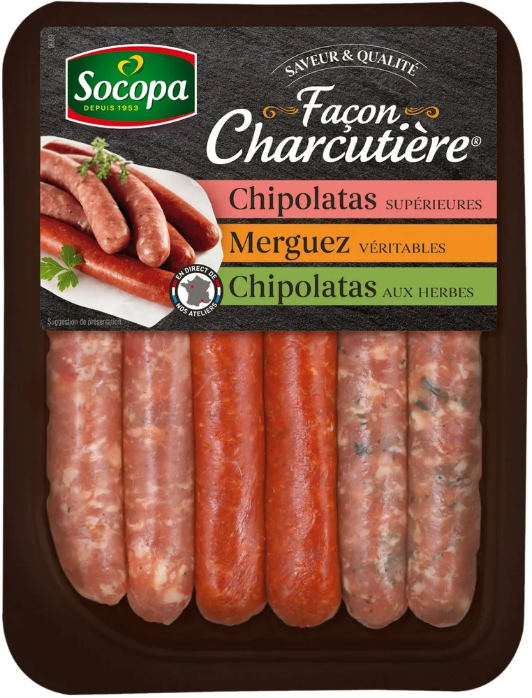 ASSORTIMENT de SAUCISSES (Chipos,Chipos Herbes et Merguez) 55g Poids fixe