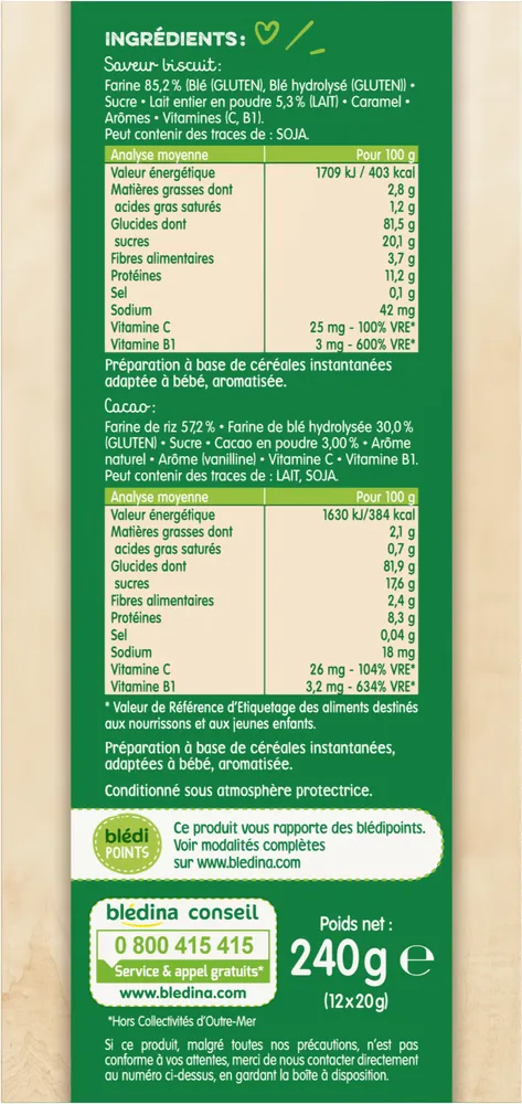 BLEDINE DOSETTES 12x20g Saveur Biscuitée / Cacao Dès 6 mois