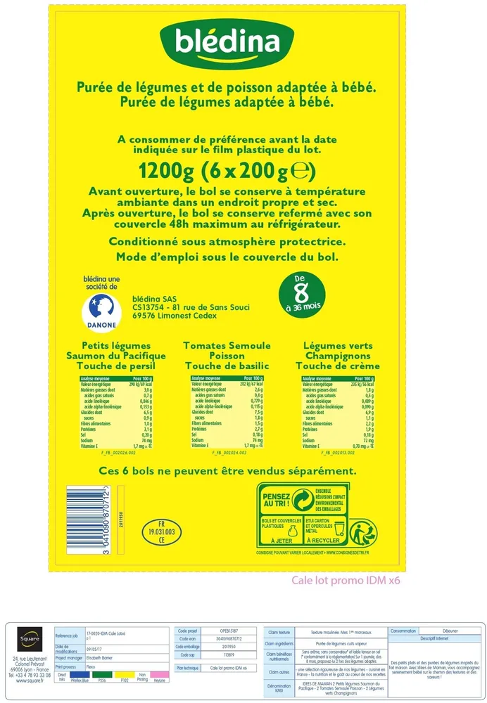 BLEDINA Idées de maman Bol 6x200g 2 Petits légumes Saumon du Pacifique + 2 Tomates semoules Poisson + 2 légumes verts Champignon