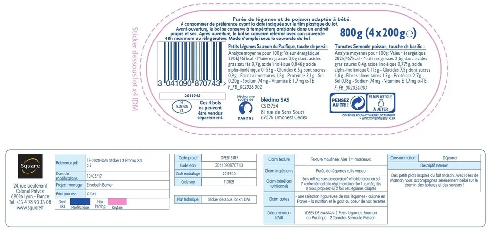 BLEDINA Idées de maman Bol 4x200g 2 Petis lég. Saumon du Pacifique + 2 Tomates Semoule Poisson Dès 8 mois