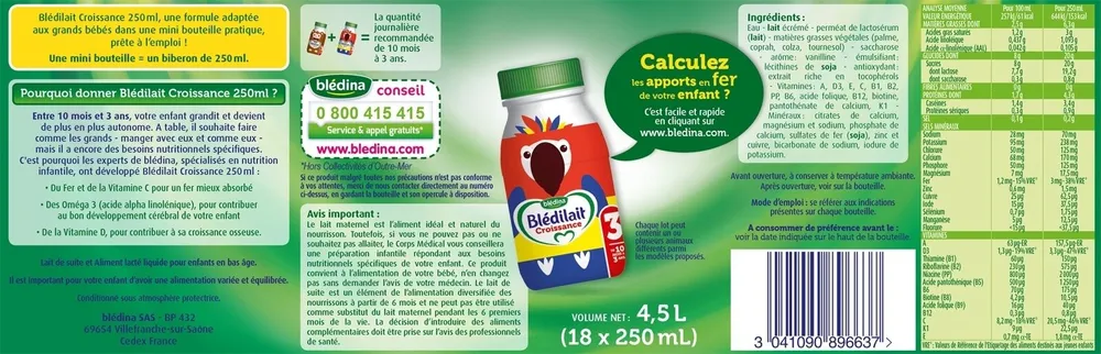 BLEDILAIT Croissance 18x250ml De 10 mois à 3 ans