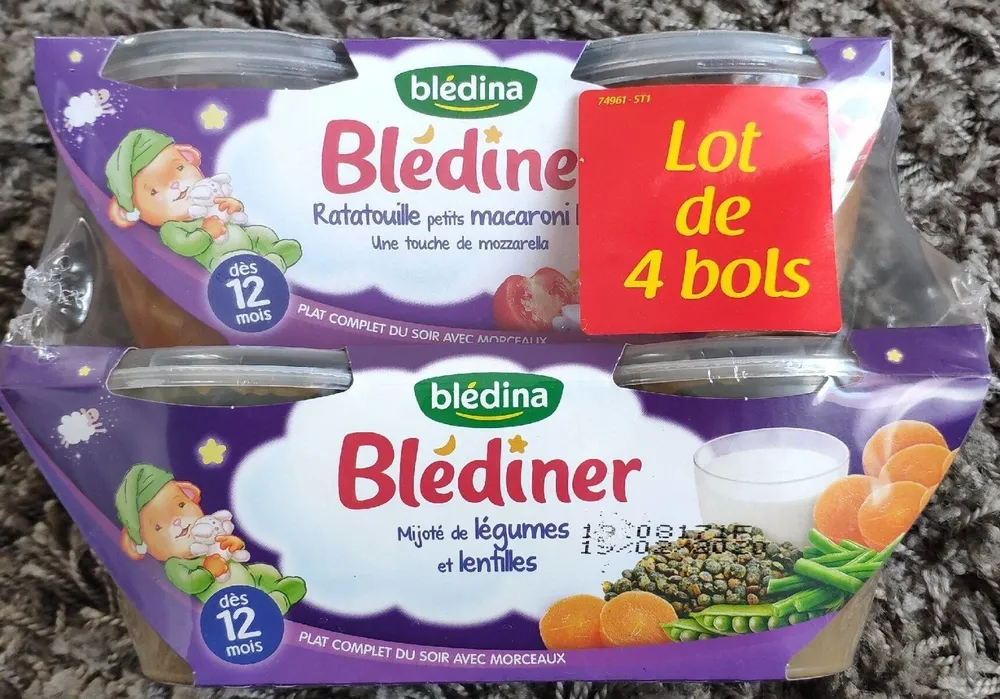 BLEDINER BOLS 200GX4 2 Ratatouille petits macaronis lait à la mozzarella / 2 Mijoté de légumes et lentilles Dès 12 mois