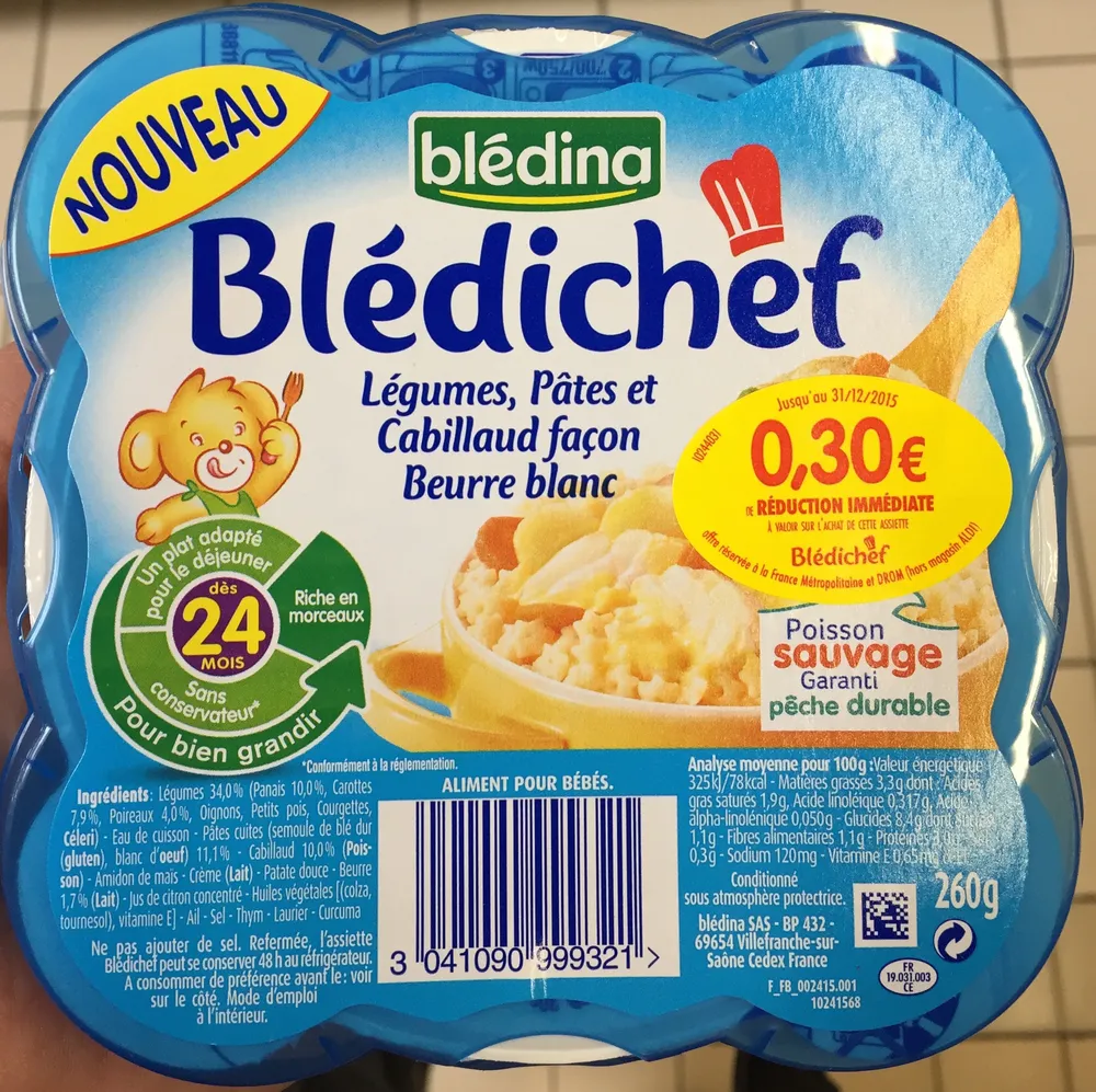 Blédichef Légumes, Pâtes et Cabillaud façon Beurre blanc