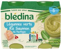 Légumes verts, riz, saumon du Pacifique