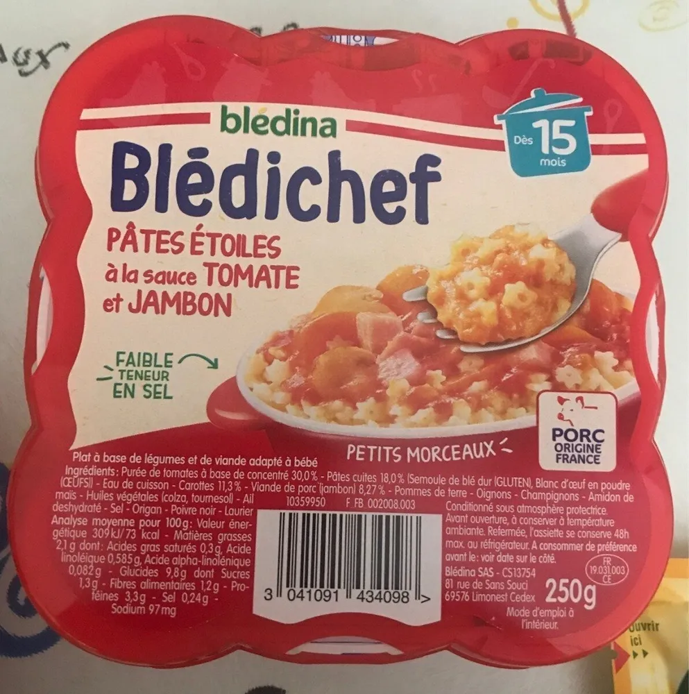 BLEDICHEF 250g Pâtes Etoiles à la Sauce Tomate et Jambon Dès 15 mois