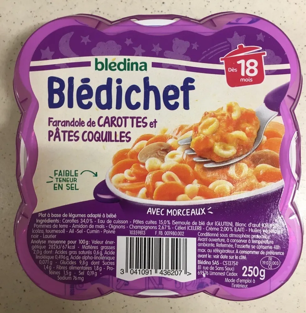 BLEDICHEF 250g Farandole de Carottes et Pâtes Coquilles Dès 18 mois