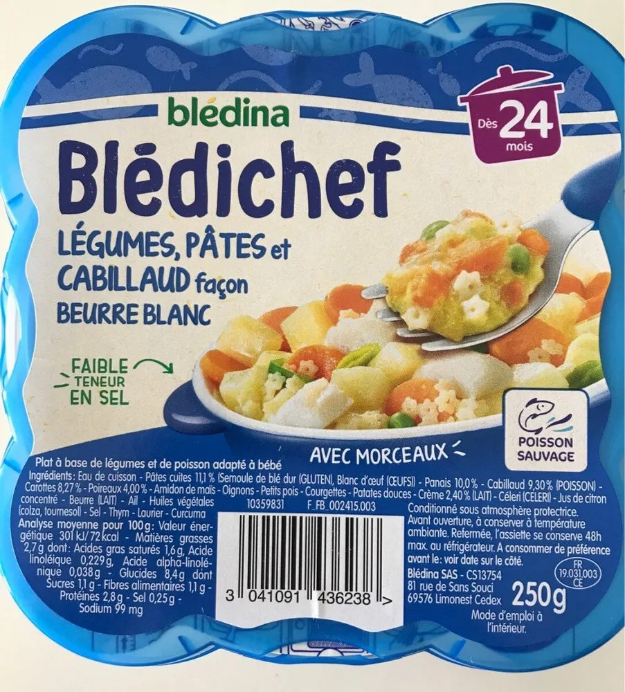 BLEDINA BLEDICHEF Légumes, Pâtes et Cabillaud Façon Beurre Blanc 250g Dès 24 Mois