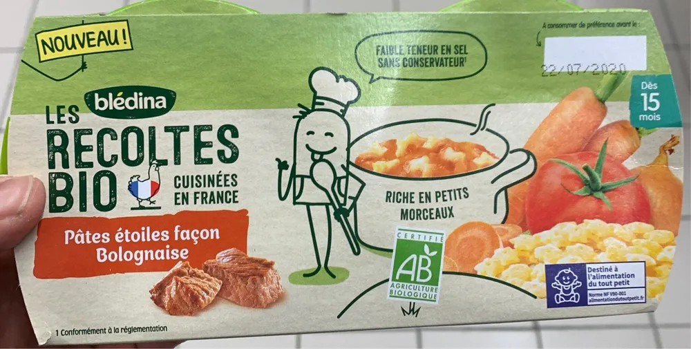 BLEDINA LES RECOLTES BIO Pâtes Etoiles Façon Bolognaise 2x200g Dès 15 Mois