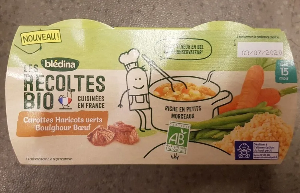 BLEDINA LES RECOLTES BIO Carottes Haricots Verts Boulghour Boeuf 2x200g Dès 15 Mois