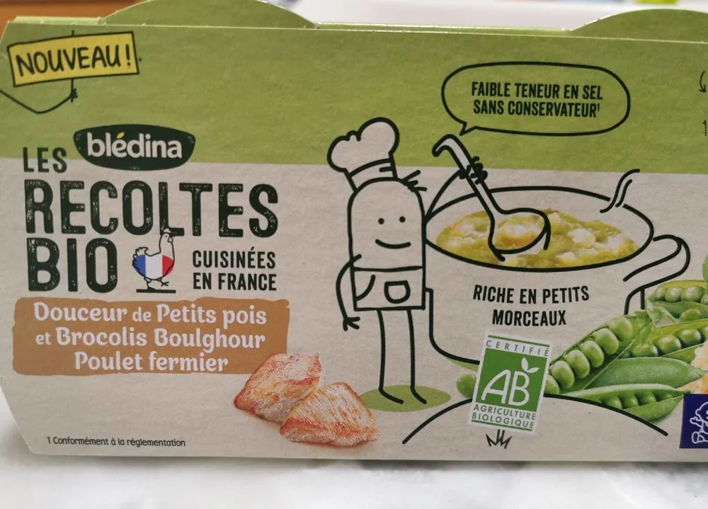 BLEDINA LES RECOLTES BIO Douceur de Petits Pois et Brocolis Boulghour Poulet Fermier 2x200g Dès 15 Mois