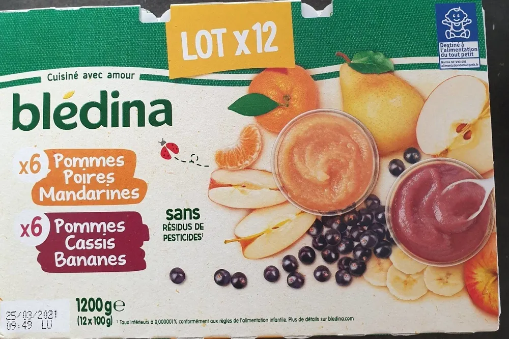 BLEDINA COUPELLES FRUITS Pommes Poires Mandarines / Pommes Cassis Bananes 12x100g Dès 8 Mois