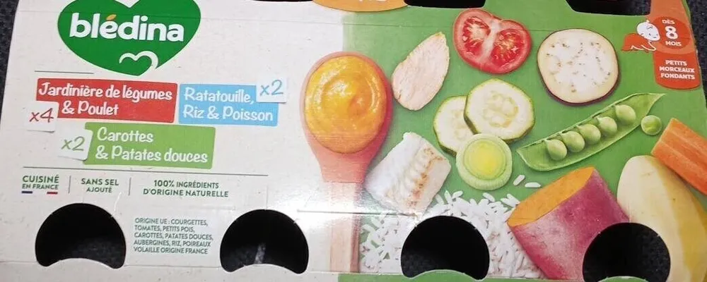 Plat bébé dès 8 mois Jardinière de légumes Poulet Ratatouille Riz Colin Carottes Patates douces