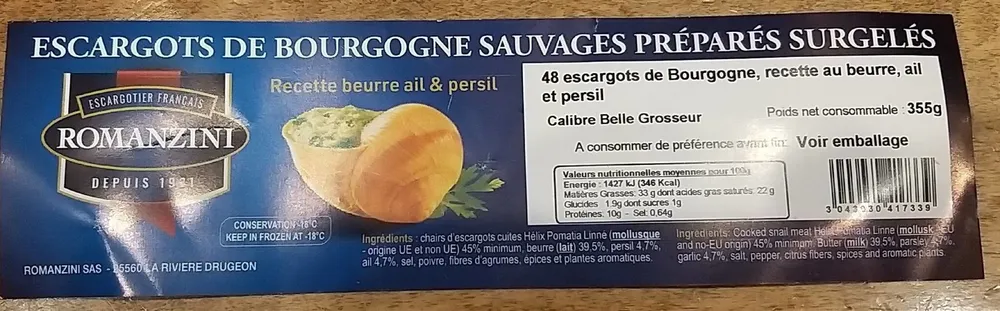 ESCARGOTS SAUVAGES BOURGOGNE SURGELÉS