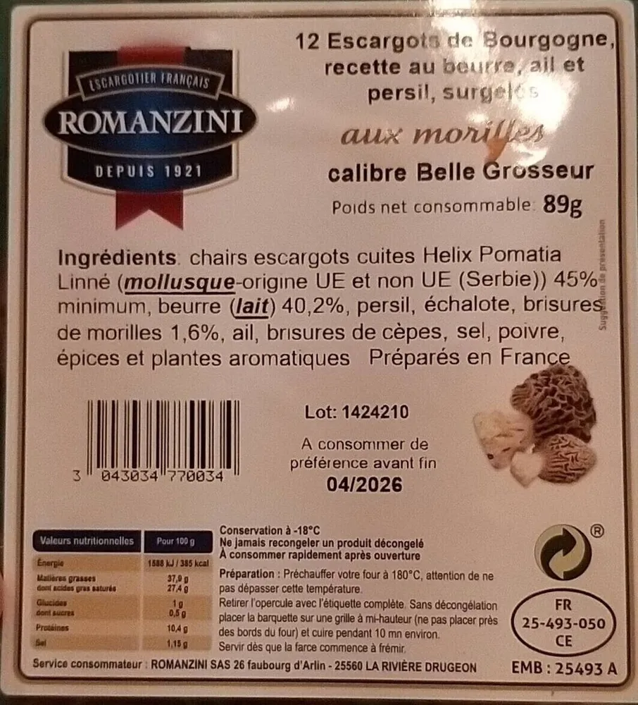12 Escargots de Bourgogne, recette au beurre, ail et persil, surgelés aux morilles calibre Belle Grosseur