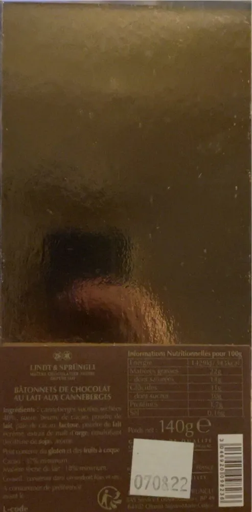 Bâtonnets de chocolat au lait aux canneberges