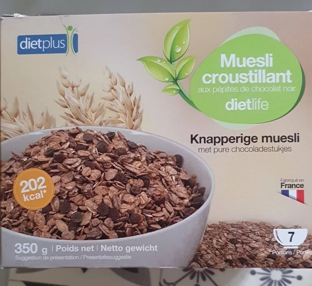 Muesli croustillant aux pépites de chocolat noir / Knapperige muesli met pure chocoladestukjes