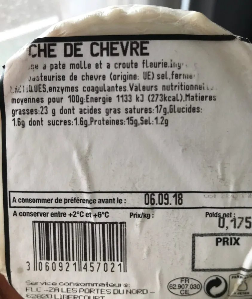 Bûche de chèvre lait pasteurisé 25%mg portion s/film