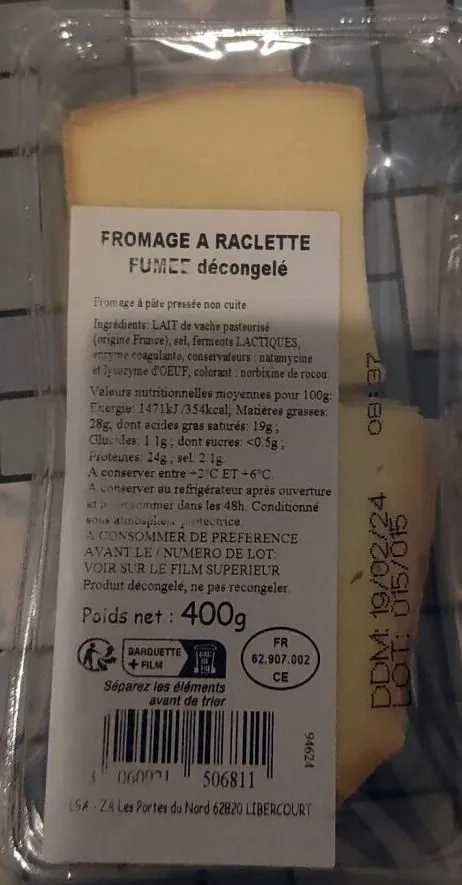 Fromage à raclette fumée décongelé