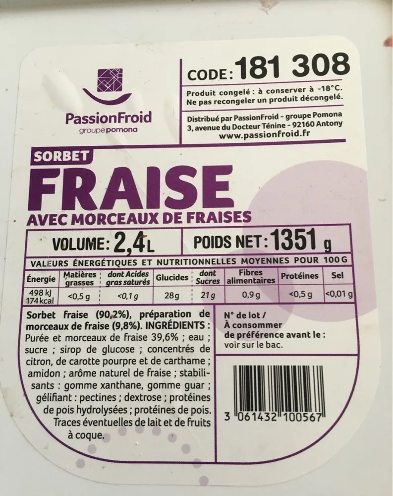 Sorbet fraise avec morceaux de fraise